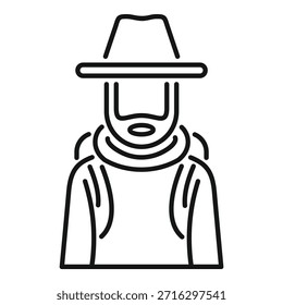 Dibujo de línea de un explorador barbudo con un sombrero y una mochila, disfrutando de una aventura de senderismo en la naturaleza