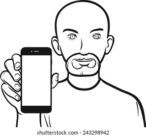 line drawing of a bearded man showing a mobile app on a smart phone