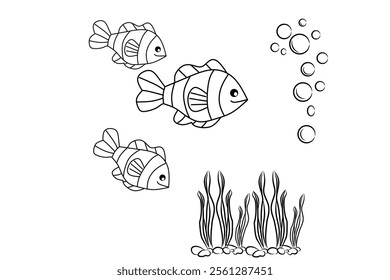 line drawing of beautiful fish isolated on white background. Beautiful fish sketch vector illustration.