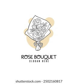 Line drawing of beautiful fresh rose flower bouquet. Dynamic beauty greeting card, invitation, logo, banner, poster concept one line draw design .
