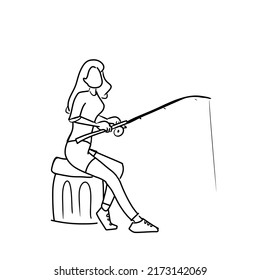 line drawing beautiful girl sitting fishing.Isolated vector illustration on a white background.