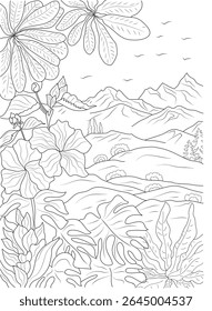 Line drawing of a beautiful tropical landscape with mountains, hills, trees, birds, and detailed foreground plants and flowers.