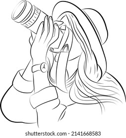 Line drawing of a beautiful woman photographer