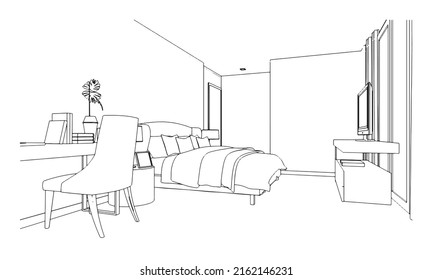 line drawing of bedroom,Modern design,3d rendering