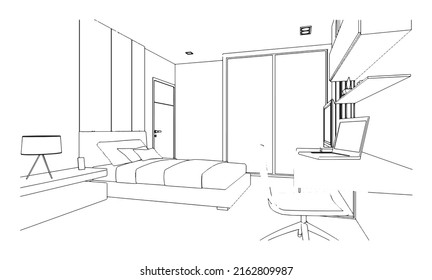 Line Drawing Bedroommodern Design3d Rendering Stock Vector (royalty 