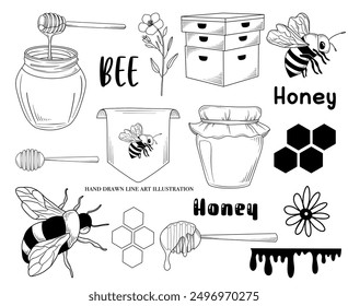 Line drawing bee, honey, beehive, beekeeping graphic set, hand drawn vector line art illustration