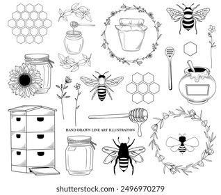 Abeja de dibujo de línea, miel, colmena, conjunto de gráficos de apicultura, ilustración de arte de línea de Vector dibujado a mano