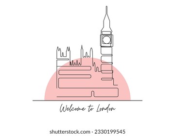 
Line drawing of Big Ben tower famous for tourism. Palace of Westminster, Big Ben, England.