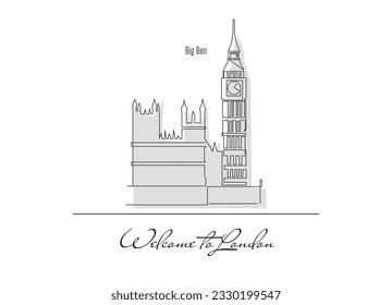 
Line drawing of Big Ben tower famous for tourism. Palace of Westminster, Big Ben, England.