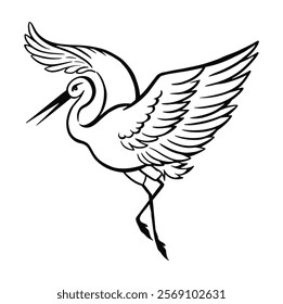  line drawing bird logo vector, heron stork in flight monochrome. Vector illustration