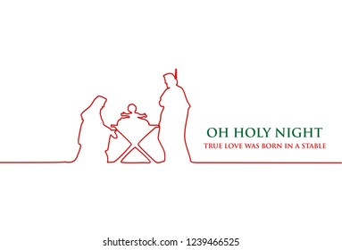 Line drawing, Birth of Christ, Silhouette of Mary, Joseph and Jesus, Vector