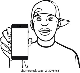 line drawing of a black guy in cap showing a mobile app on a smart phone