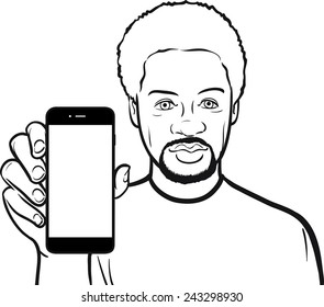 line drawing of a black man showing a mobile app on a smart phone