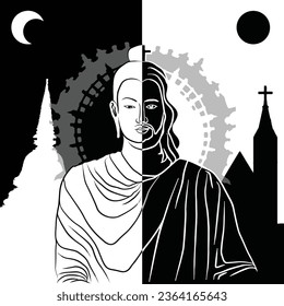 Line drawing black and white Buddha and Jesus Christ illustration Vector Half-Christ and half-Buddha figure
It indicates two prophets of the world's great religions.
belief, faith, Jesus, Buddha.