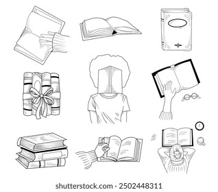 Line drawing book set, vector hand drawn line art illustration of stack of books, open book, girl with book