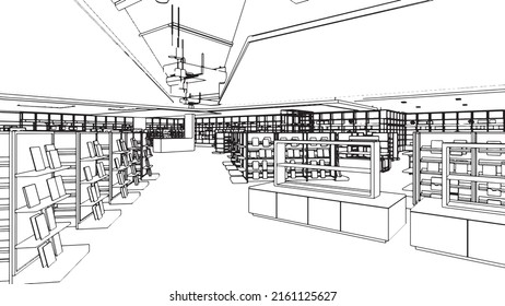 line drawing of book shop,Modern design,3d rendering