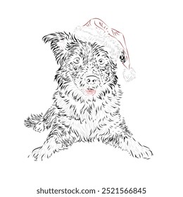 Desenho de linha de um collie de borda com um chapéu de Santa