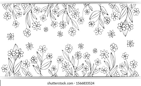 Line drawing border and frame with lines. Floral ornament with leaf on white background. Good for coloring book pages.