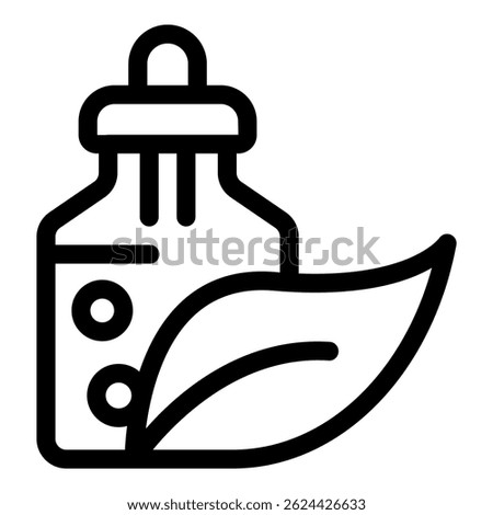 Line drawing of a bottle containing essential oil with a leaf symbolizing natural ingredients