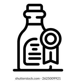 Line drawing of a bottle with a cork receiving an award ribbon, possibly for wine, liquor, or other high quality products