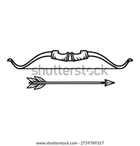 A line drawing of a bow and arrow on a white background, ideal for designs related to archery, hunting, or medieval themes.