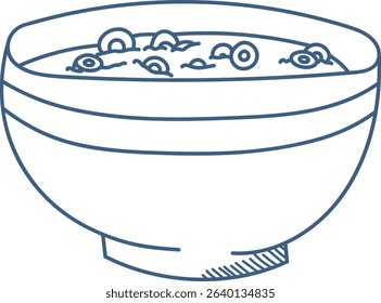 A line drawing of a bowl filled with soup and noodles. The illustration depicts a simple dish in a clean style. Cartoon vector illustration.