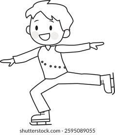 Line drawing of a boy figure skating. Ice skating.  Cute, fun. Vector illustration.