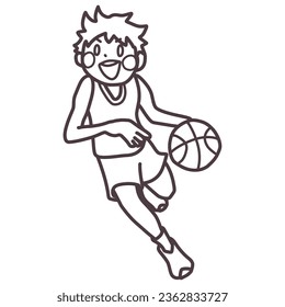 Dibujo en línea de un niño jugando al baloncesto felizmente.