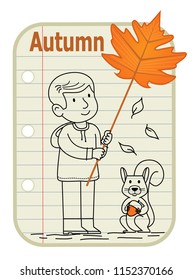 Line drawing of a boy holding a sign with a leaf on it and a squirrel holding acorn sitting next to him. A notepad as a background with the word Autumn at the top. Eps10