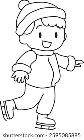 Line drawing of a boy ice skating. Figure skating.  Cute, fun. Vector illustration.