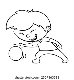 line drawing boy playing ball, football player running with ball, black and white drawing illustration, child playing ball