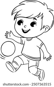 line drawing boy playing ball, football player running with ball, black and white drawing illustration, child playing ball