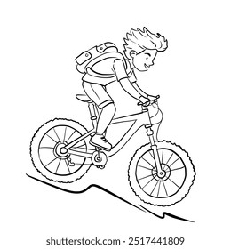 Desenho de linha de um menino montando uma mountain bike.Vetor ilustração isolado no fundo branco.