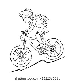 Desenho de linha de um menino montando uma mountain bike.Vetor ilustração isolada no fundo branco.Design bonito para impressão de camisa, ícone, logotipo, etiqueta, patch ou adesivo.