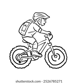 Desenho de linha de um menino montando uma mountain bike.Vetor ilustração isolada no fundo branco.Design bonito para impressão de camisa, ícone, logotipo, etiqueta, patch ou adesivo.