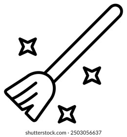 A line drawing of a broom with stars around it, suggesting a magical or cleaning theme.