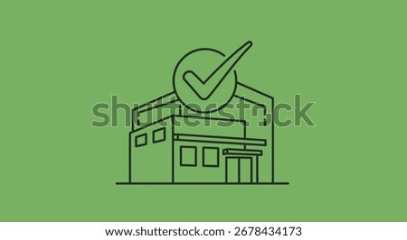 A line drawing of a building with a checkmark above it, symbolizing approval, compliance, or a completed inspection.