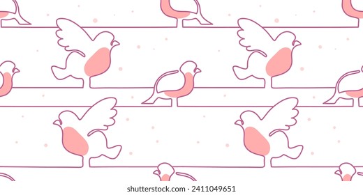Line drawing bullfinch bird seamless pattern seamless bird pattern light  color on a white background. Pattern drawing hand drawn in free style. Linear vector illustration