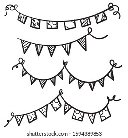 line drawing. Buntings garland. Party flags.hand drawn doodle cartoon style