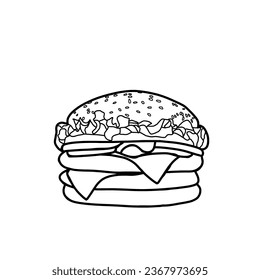 Line drawing. Burger and cheese Fast food, Front view. illustration Vector outline Hamburger. Vector illustration black line isolated on white background.