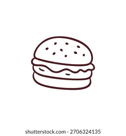 Un dibujo de línea de una hamburguesa con bollo de semillas se centra en un fondo blanco.