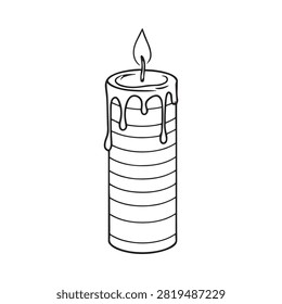 Line drawing of a burning candle with dripping wax on white background