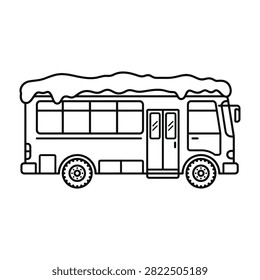 Line drawing of a bus covered in snow, side view, simple illustration