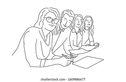 Line drawing of business people. Business team seating at the table. Vector illustration.