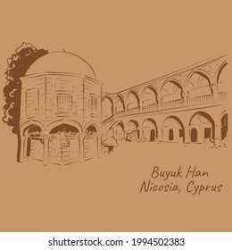 Line drawing of Buyuk Han, Nicosia, Cyprus.