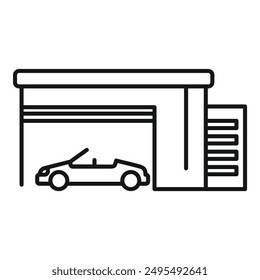 Line drawing of a cabriolet sports car parking inside a private garage, concept for car storage and security