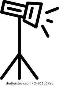 Line drawing of a camera flash mounted on a three-legged tripod stand.