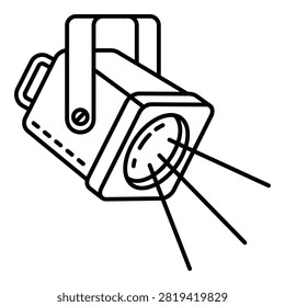 A line drawing of a camera flash unit with a reflector, used for photography lighting