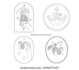 Line drawing camera illustrations, hands hold the camera with flowers and stars, minimalistic style for logo