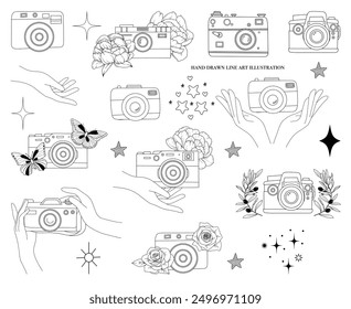 Line drawing camera illustrations, hands hold the camera with flowers and stars, minimalistic style for logo